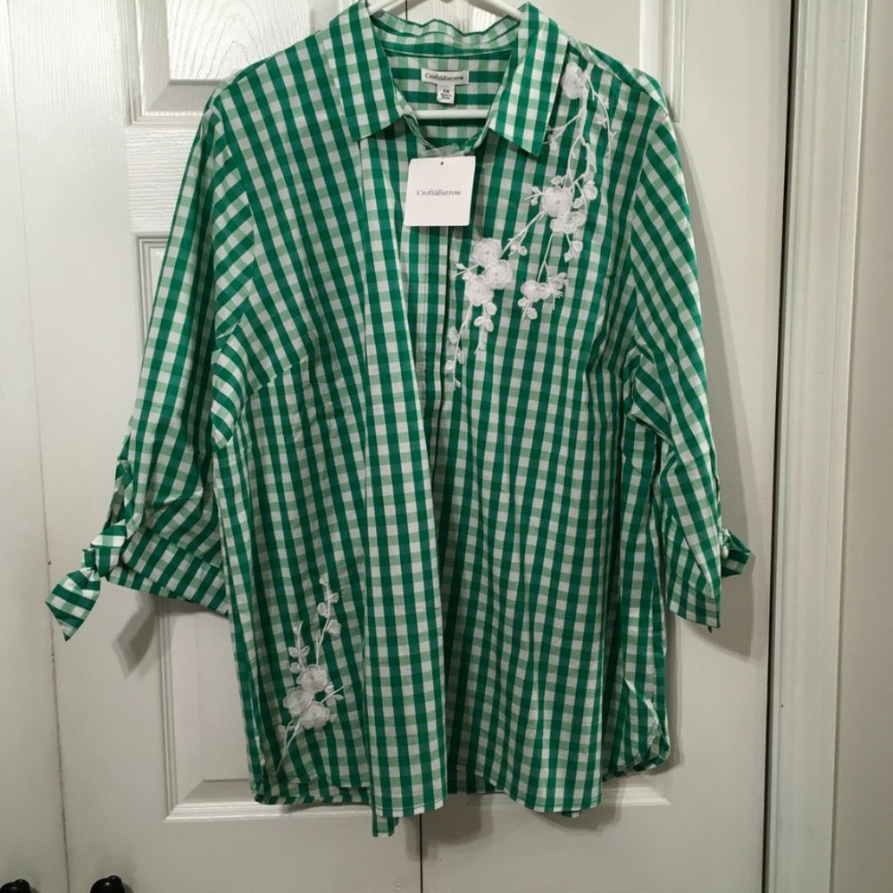 Croft & Barrow Green/White Checked Blouse Sz 2X